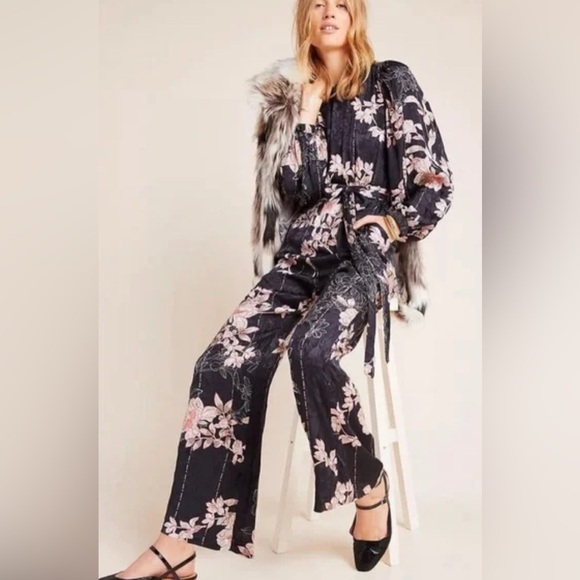 Anthropologie Harlyn Audrey Jacquard Floral Navy Blue Jumpsuit Size XS - Picture 4 of 8